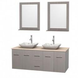 60 inch Double Bathroom Vanity in Gray Oak, Ivory Marble Countertop, Avalon White Carrera Marble Sinks, and 24 inch Mirrors