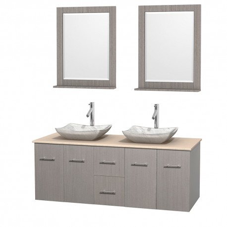 60 inch Double Bathroom Vanity in Gray Oak, Ivory Marble Countertop, Avalon White Carrera Marble Sinks, and 24 inch Mirrors