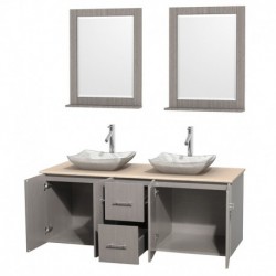 60 inch Double Bathroom Vanity in Gray Oak, Ivory Marble Countertop, Avalon White Carrera Marble Sinks, and 24 inch Mirrors