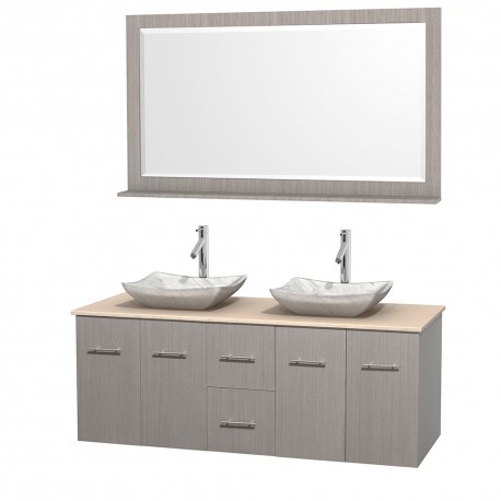 60 inch Double Bathroom Vanity in Gray Oak, Ivory Marble Countertop, Avalon White Carrera Marble Sinks, and 58 inch Mirror