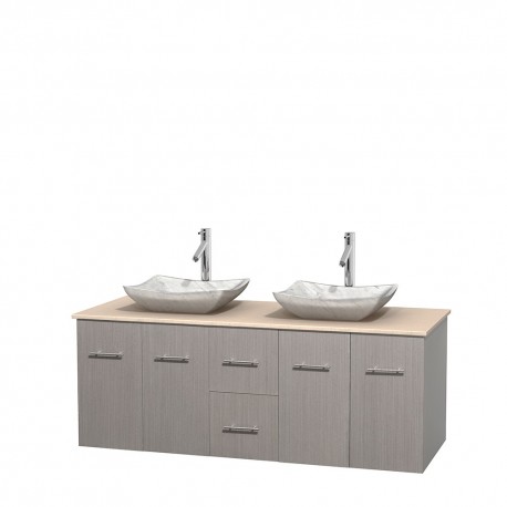 60 inch Double Bathroom Vanity in Gray Oak, Ivory Marble Countertop, Avalon White Carrera Marble Sinks, and No Mirror