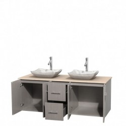 60 inch Double Bathroom Vanity in Gray Oak, Ivory Marble Countertop, Avalon White Carrera Marble Sinks, and No Mirror