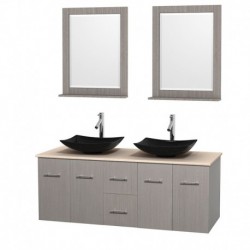 60 inch Double Bathroom Vanity in Gray Oak, Ivory Marble Countertop, Arista Black Granite Sinks, and 24 inch Mirrors