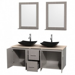 60 inch Double Bathroom Vanity in Gray Oak, Ivory Marble Countertop, Arista Black Granite Sinks, and 24 inch Mirrors