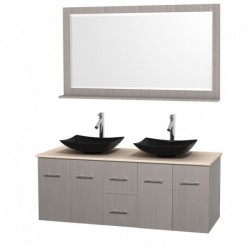 60 inch Double Bathroom Vanity in Gray Oak, Ivory Marble Countertop, Arista Black Granite Sinks, and 58 inch Mirror