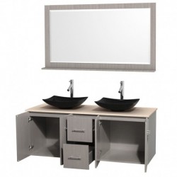 60 inch Double Bathroom Vanity in Gray Oak, Ivory Marble Countertop, Arista Black Granite Sinks, and 58 inch Mirror