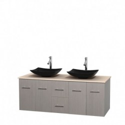 60 inch Double Bathroom Vanity in Gray Oak, Ivory Marble Countertop, Arista Black Granite Sinks, and No Mirror