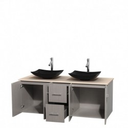 60 inch Double Bathroom Vanity in Gray Oak, Ivory Marble Countertop, Arista Black Granite Sinks, and No Mirror