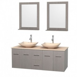 60 inch Double Bathroom Vanity in Gray Oak, Ivory Marble Countertop, Arista Ivory Marble Sinks, and 24 inch Mirrors
