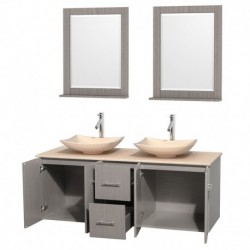 60 inch Double Bathroom Vanity in Gray Oak, Ivory Marble Countertop, Arista Ivory Marble Sinks, and 24 inch Mirrors