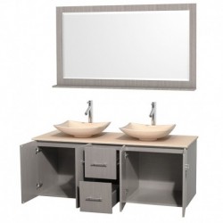 60 inch Double Bathroom Vanity in Gray Oak, Ivory Marble Countertop, Arista Ivory Marble Sinks, and 58 inch Mirror