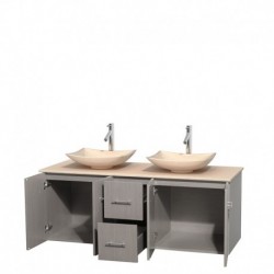 60 inch Double Bathroom Vanity in Gray Oak, Ivory Marble Countertop, Arista Ivory Marble Sinks, and No Mirror