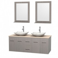 60 inch Double Bathroom Vanity in Gray Oak, Ivory Marble Countertop, Arista White Carrera Marble Sinks, and 24 inch Mirrors