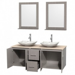 60 inch Double Bathroom Vanity in Gray Oak, Ivory Marble Countertop, Arista White Carrera Marble Sinks, and 24 inch Mirrors
