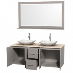 60 inch Double Bathroom Vanity in Gray Oak, Ivory Marble Countertop, Arista White Carrera Marble Sinks, and 58 inch Mirror