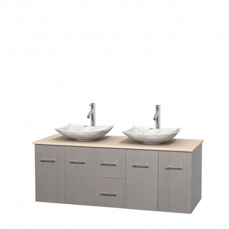 60 inch Double Bathroom Vanity in Gray Oak, Ivory Marble Countertop, Arista White Carrera Marble Sinks, and No Mirror