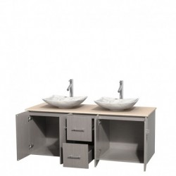 60 inch Double Bathroom Vanity in Gray Oak, Ivory Marble Countertop, Arista White Carrera Marble Sinks, and No Mirror