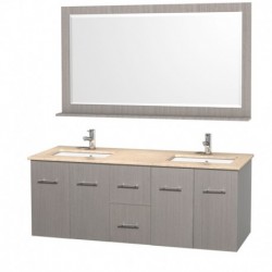 60 inch Double Bathroom Vanity in Gray Oak, White Ivory Marble Countertop, Square Porcelain Undermount Sinks, and 58 inch Mirro
