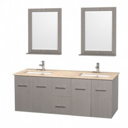 60 inch Double Bathroom Vanity in Gray Oak, Ivory Marble Countertop, Undermount Square Sink, and 24 inch Mirrors