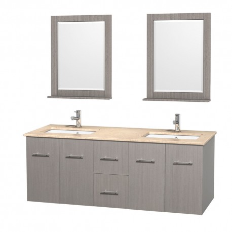60 inch Double Bathroom Vanity in Gray Oak, Ivory Marble Countertop, Undermount Square Sink, and 24 inch Mirrors