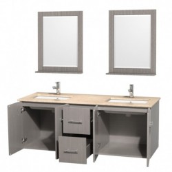 60 inch Double Bathroom Vanity in Gray Oak, Ivory Marble Countertop, Undermount Square Sink, and 24 inch Mirrors