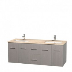 60 inch Double Bathroom Vanity in Gray Oak, Ivory Marble Countertop, Undermount Square Sinks, and No Mirror