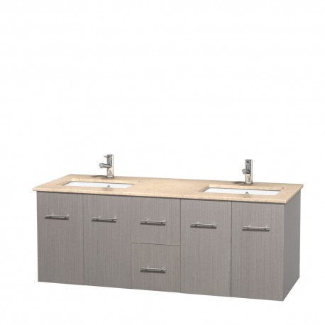 60 inch Double Bathroom Vanity in Gray Oak, Ivory Marble Countertop, Undermount Square Sinks, and No Mirror