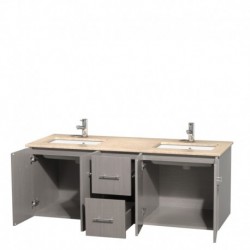 60 inch Double Bathroom Vanity in Gray Oak, Ivory Marble Countertop, Undermount Square Sinks, and No Mirror