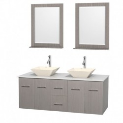 60 inch Double Bathroom Vanity in Gray Oak, White Man-Made Stone Countertop, Pyra Bone Porcelain Sinks, and 24 inch Mirrors