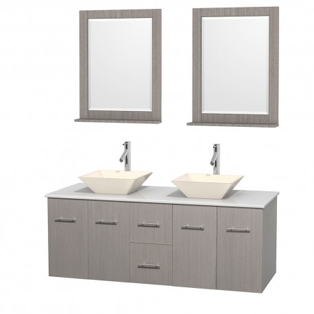 60 inch Double Bathroom Vanity in Gray Oak, White Man-Made Stone Countertop, Pyra Bone Porcelain Sinks, and 24 inch Mirrors