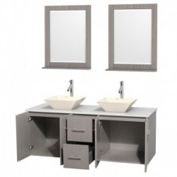 60 inch Double Bathroom Vanity in Gray Oak, White Man-Made Stone Countertop, Pyra Bone Porcelain Sinks, and 24 inch Mirrors