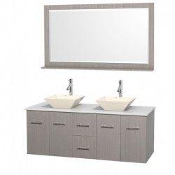 60 inch Double Bathroom Vanity in Gray Oak, White Man-Made Stone Countertop, Pyra Bone Porcelain Sinks, and 58 inch Mirror