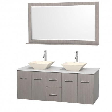 60 inch Double Bathroom Vanity in Gray Oak, White Man-Made Stone Countertop, Pyra Bone Porcelain Sinks, and 58 inch Mirror