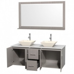 60 inch Double Bathroom Vanity in Gray Oak, White Man-Made Stone Countertop, Pyra Bone Porcelain Sinks, and 58 inch Mirror