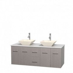 60 inch Double Bathroom Vanity in Gray Oak, White Man-Made Stone Countertop, Pyra Bone Porcelain Sinks, and No Mirror