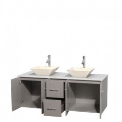 60 inch Double Bathroom Vanity in Gray Oak, White Man-Made Stone Countertop, Pyra Bone Porcelain Sinks, and No Mirror