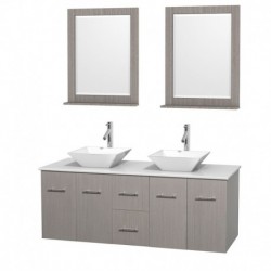60 inch Double Bathroom Vanity in Gray Oak, White Man-Made Stone Countertop, Pyra White Porcelain Sinks, and 24 inch Mirrors