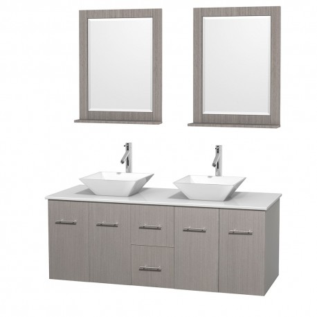 60 inch Double Bathroom Vanity in Gray Oak, White Man-Made Stone Countertop, Pyra White Porcelain Sinks, and 24 inch Mirrors