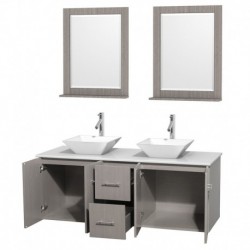 60 inch Double Bathroom Vanity in Gray Oak, White Man-Made Stone Countertop, Pyra White Porcelain Sinks, and 24 inch Mirrors