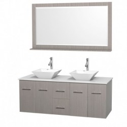 60 inch Double Bathroom Vanity in Gray Oak, White Man-Made Stone Countertop, Pyra White Porcelain Sinks, and 58 inch Mirror