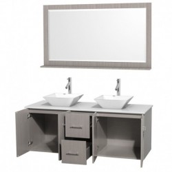 60 inch Double Bathroom Vanity in Gray Oak, White Man-Made Stone Countertop, Pyra White Porcelain Sinks, and 58 inch Mirror