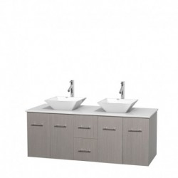 60 inch Double Bathroom Vanity in Gray Oak, White Man-Made Stone Countertop, Pyra White Porcelain Sinks, and No Mirror