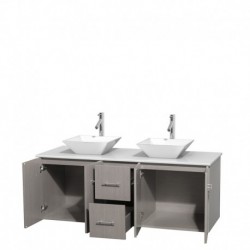 60 inch Double Bathroom Vanity in Gray Oak, White Man-Made Stone Countertop, Pyra White Porcelain Sinks, and No Mirror