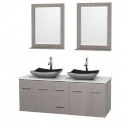 60 inch Double Bathroom Vanity in Gray Oak, White Man-Made Stone Countertop, Altair Black Granite Sinks, and 24 inch Mirrors