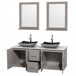 60 inch Double Bathroom Vanity in Gray Oak, White Man-Made Stone Countertop, Altair Black Granite Sinks, and 24 inch Mirrors