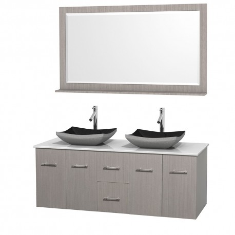 60 inch Double Bathroom Vanity in Gray Oak, White Man-Made Stone Countertop, Altair Black Granite Sinks, and 58 inch Mirror