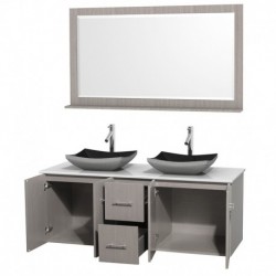 60 inch Double Bathroom Vanity in Gray Oak, White Man-Made Stone Countertop, Altair Black Granite Sinks, and 58 inch Mirror