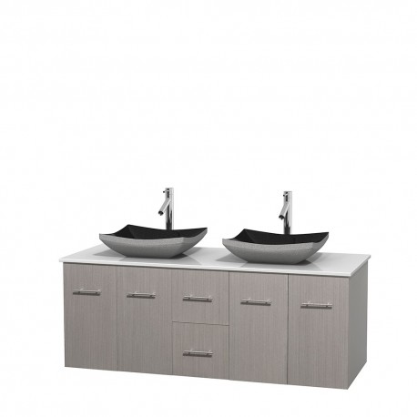 60 inch Double Bathroom Vanity in Gray Oak, White Man-Made Stone Countertop, Altair Black Granite Sinks, and No Mirror