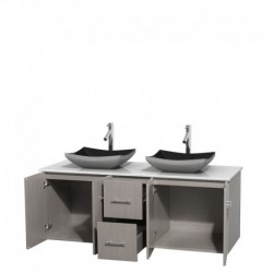 60 inch Double Bathroom Vanity in Gray Oak, White Man-Made Stone Countertop, Altair Black Granite Sinks, and No Mirror