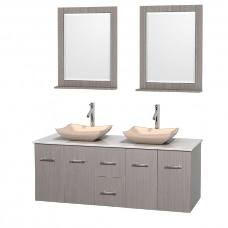 60 inch Double Bathroom Vanity in Gray Oak, White Man-Made Stone Countertop, Avalon Ivory Marble Sinks, and 24 inch Mirrors